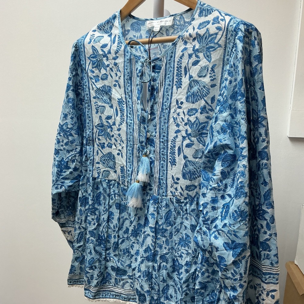 Chelsea & Theodore Blue Floral Tassel Tie Long‎ Sleeve Tunic Top Plus Size 3X